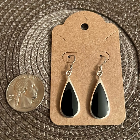 925 Sterling Silver Teardrop Onyx Earrings - Picture 1 of 2